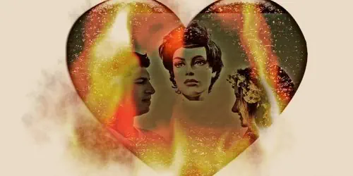 herz mit drei Personen in Dreiecksbeziehung.